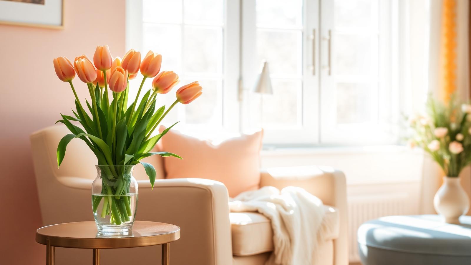A warm, sunlit home interior with peach tulips by a comfortable armchair